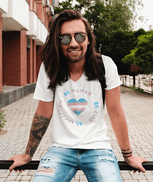 Be Human, Be Kind, Be Accepting Heart Gender Neutral Short Sleeve V - Neck T-Shirt - Belong + Thrive